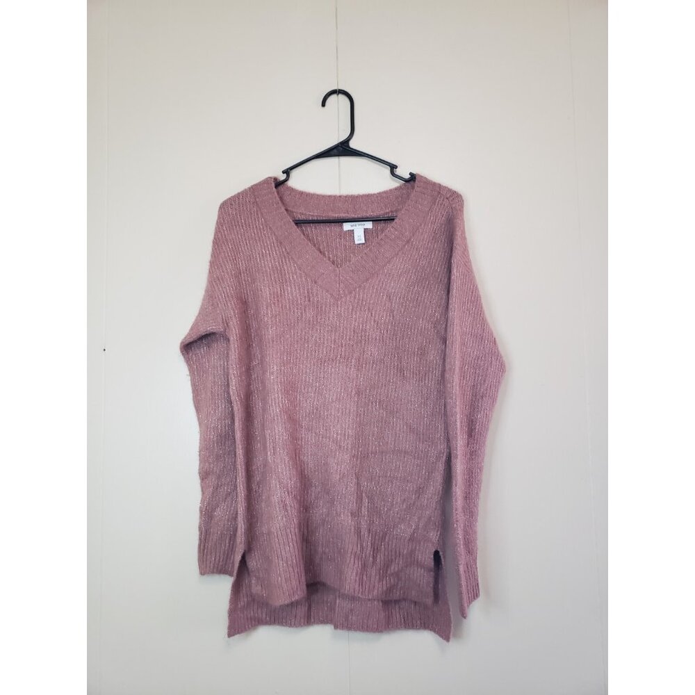 Nine West Womens XS Sweater Pullover Ribbed Metallic Pink V Neck Winter Cozy